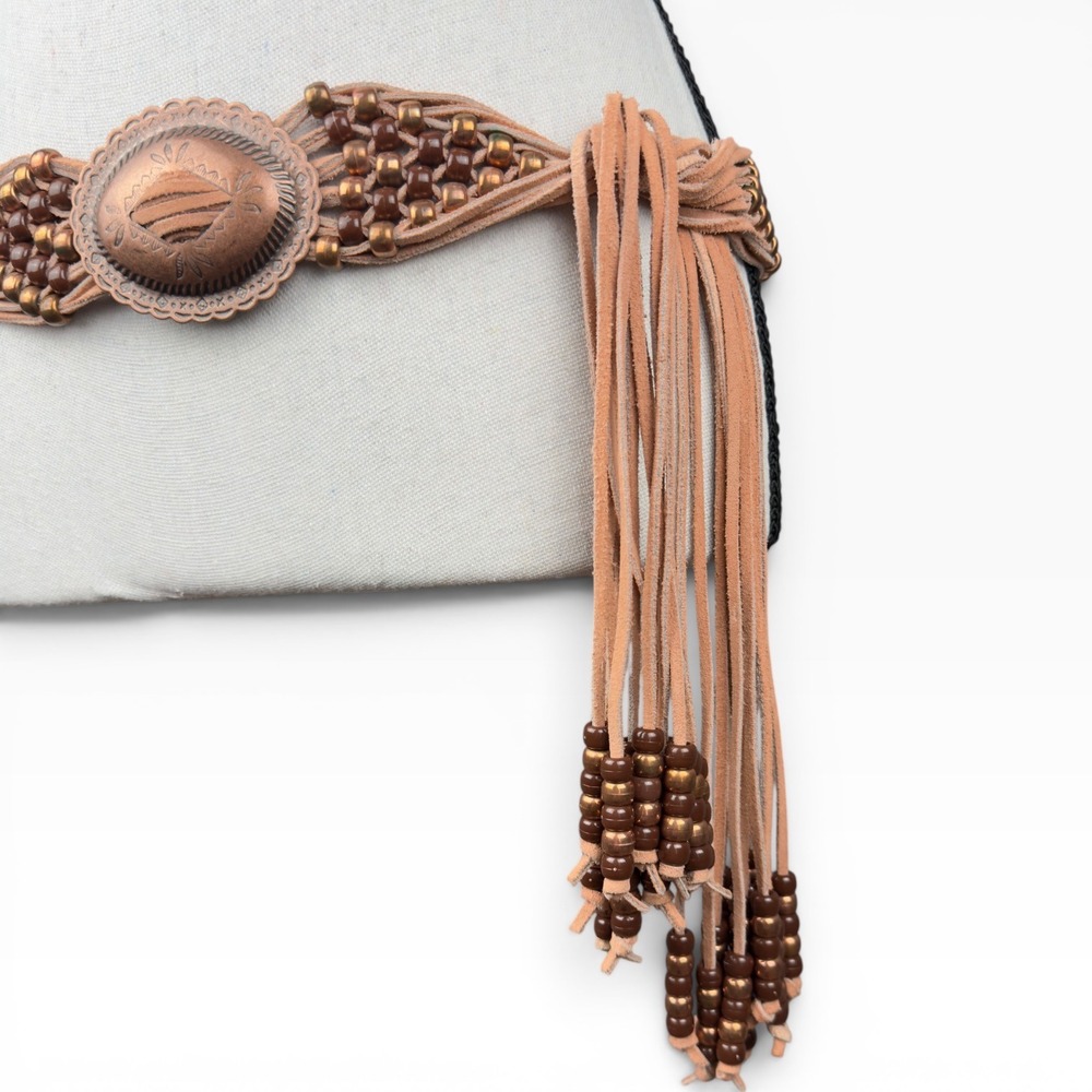 Concho Beaded Leather Waist Belt Womens OS Tan  Western Boho Hippie Fringe Tie - Picture 3 of 7